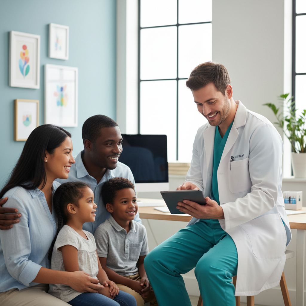 Nurse practitioner consulting with a family in a modern clinic setting